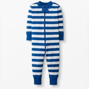 Hanna Andersson Baby Bold Zip Sleeper, blue and white stripes. Size: 3-6 months